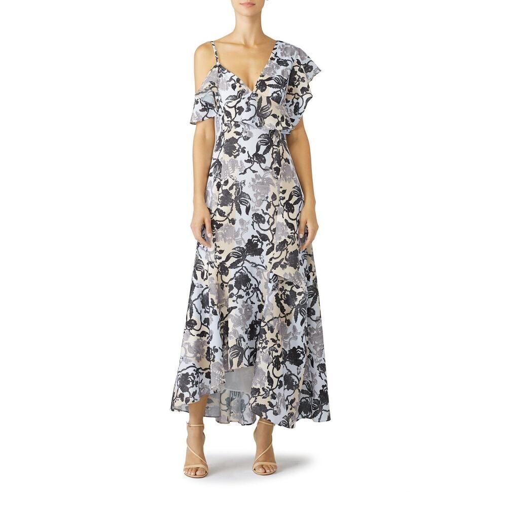 ADEAM Floral Fiesta Maxi Dress Women's 4 Blue Black Ruffle V-Neck Asymmetric RTR